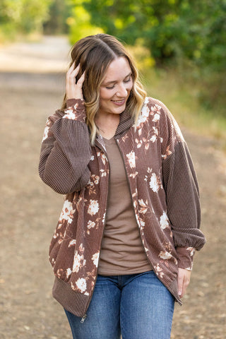 IN STOCK Ramona Ribbed Floral Zip Up - Brown